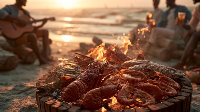 Fresh seafood barbecue party on the beach during a beautiful sunset