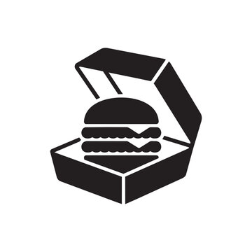 Black silhouette vector icon of a burger inside an open takeout packaging box