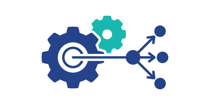 Workflow process icon blue teal gears for business task management system.