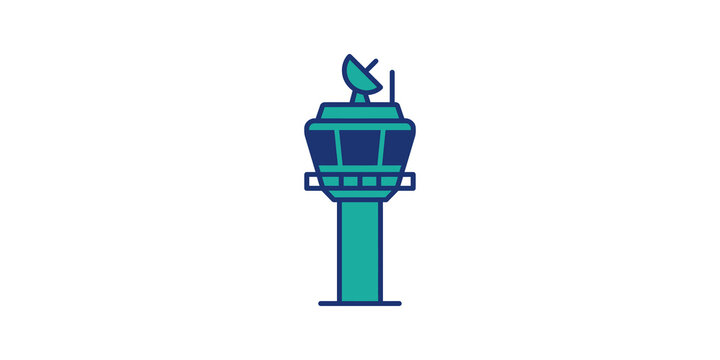 Airport control tower graphic uses teal and navy blue color palette.