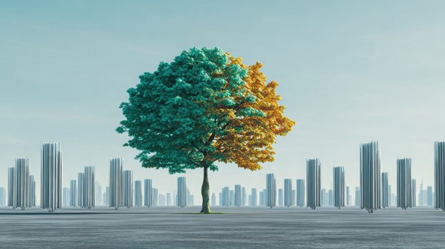 Single vibrant living tree with vivid emerald, cyan and golden leaves growing from a field of identical minimalist metallic artificial trees