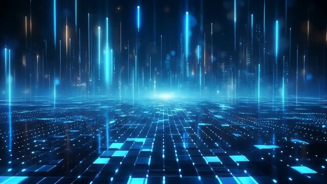 Digital grid floor with rising vertical blue light beams illustrates massive big data transfer, cloud computing networks, and futuristic cyber technology.