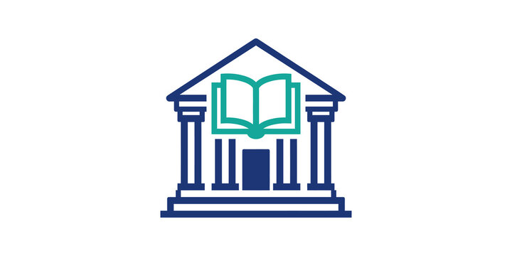 Education building icon with blue structure and teal open book logo.