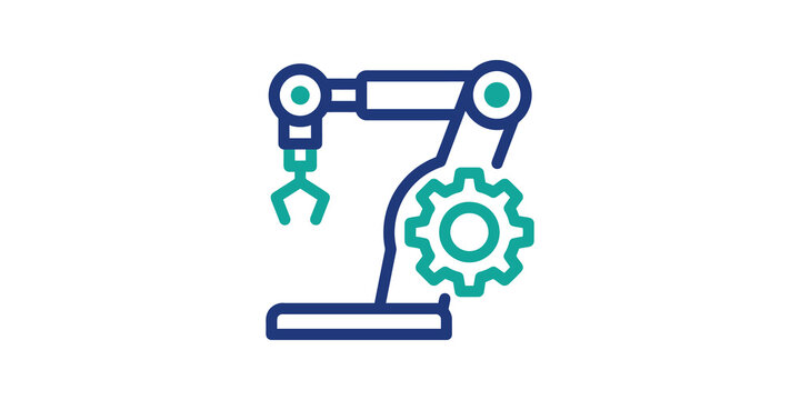 Industrial robotic arm with teal gear icon for automated manufacturing.