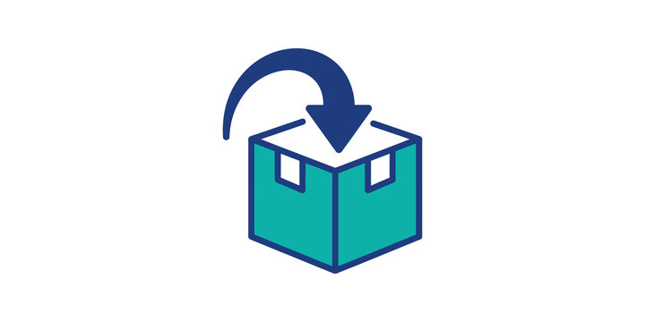 Product return delivery icon with blue box and arrow for logistics use.