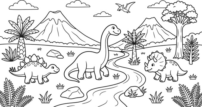 A wonderful dinosaur adventure coloring page explore a prehistoric world filled with majestic creatures and lush vegetation for kids and families to