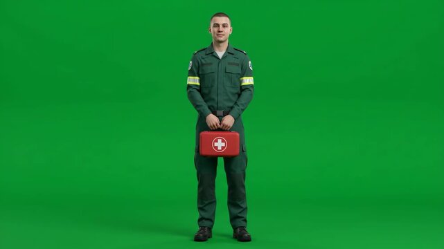 Paramedic in uniform holding a first aid kit, standing against a green screen background.