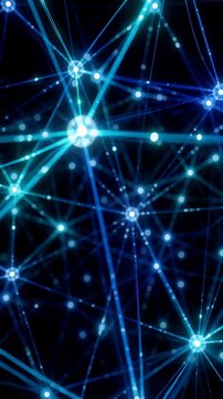 Glowing blue and cyan nodes pulse and connect with flickering lines on a dark background, forming a dynamic digital network. Animated scene combines nodes and lines with glowing light.