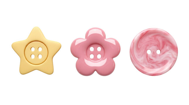 Three decorative buttons in star, flower, and round shapes isolated on transparent background