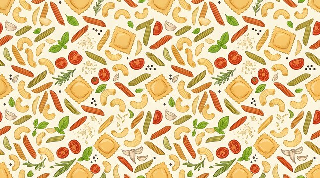 Italian Cuisine Seamless Pattern Composition Composed Of Macaroni Penne and Stuffed Ravioli Elements pasta pattern Italian macaroni ravioli food background seamlesscuisine ingredient