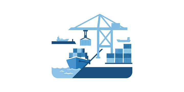 Shipping port crane loading containers onto ship for global freight trade.