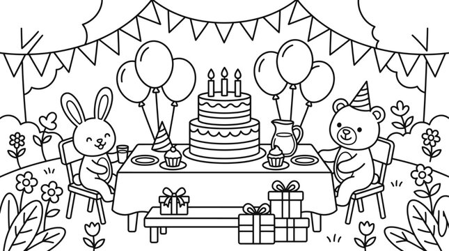 A delightful and charming birthday party scene featuring adorable bunnies balloons presents and a beautifully decorated cake perfect for creative coloring fun