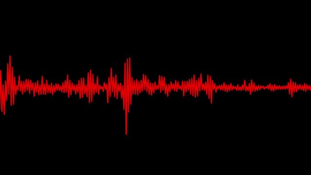 Red digital audio waveform equalizer background, pulsing sound frequency visualization for music production and tech projects