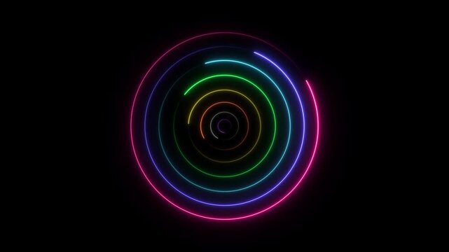 Neon rainbow concentric circles rotating abstract motion background
