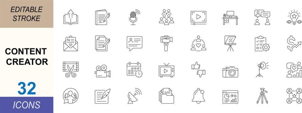 Content creator line icon set featuring publishing, editing, recording, streaming, storytelling, marketing and analytics for web, apps, media and digital projects. Editable stroke.