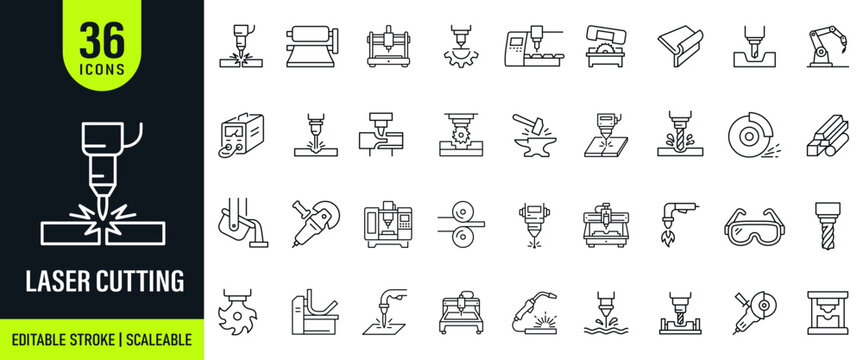 Laser Cutting web icons in line style. CNC machine, engraving, cutting tools, manufacturing, industrial equipment, fabrication, collection. Editable stroke. Vector illustration.
