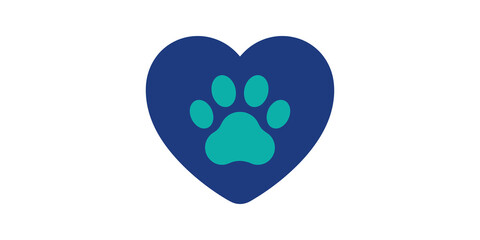 Paw print inside dark blue heart shape flat icon for animal welfare. © SAJID