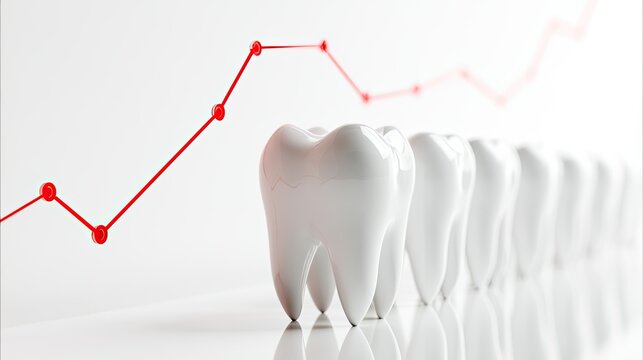 Row of perfect white teeth against a red line graph, symbolizing growth