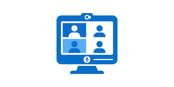 Blue video conference monitor icon for digital remote communication.