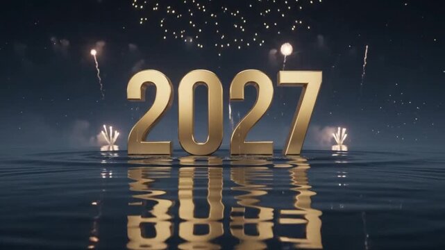 2027 new year celebration gold 3 d typography with fireworks and water reflection background, for holiday greeting, cards and event countdowns