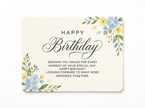 Watercolor floral birthday greeting card with elegant calligraphy text isolated on white background