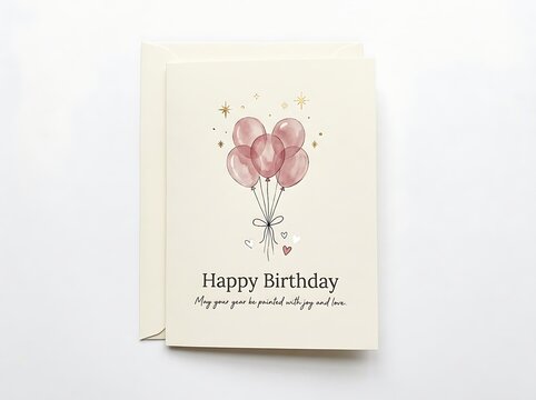Minimalist birthday greeting card with watercolor pink balloons, golden stars, and elegant typography on a cream background