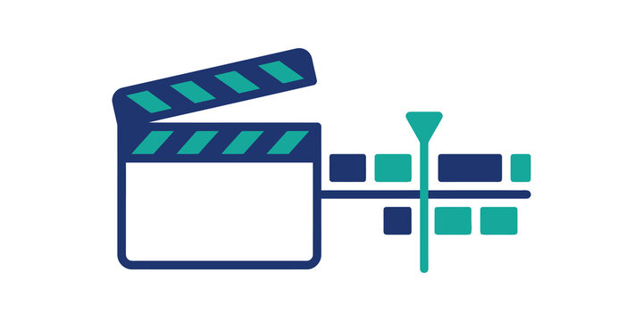 Film production clapperboard and timeline editor flat blue video icon.