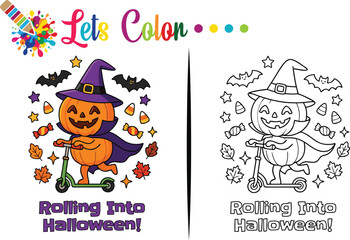 Fototapeta premium Pumpkin Character on Scooter Color and Outline Illustration Set