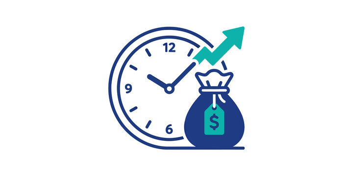 Time and money growth icon displays blue clock with teal profit arrow.