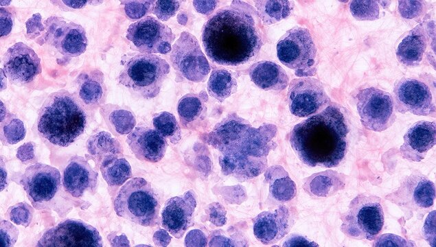 Microscopic view of irregular-shaped cells with prominent dark nuclei