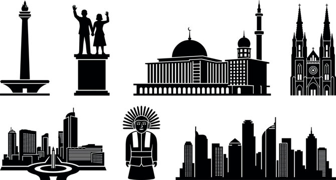 Jakarta City Landmark Silhouette Icon Set Featuring Monas Istiqlal Mosque Cathedral Ondel Ondel and Modern Skyline Vectors for Indonesian Tourism Graphic Designs