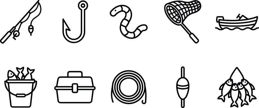 Fishing equipment line icon set vector illustration of outdoor sport rod hook worm bait landing net motorboat fish bucket tackle box bobber