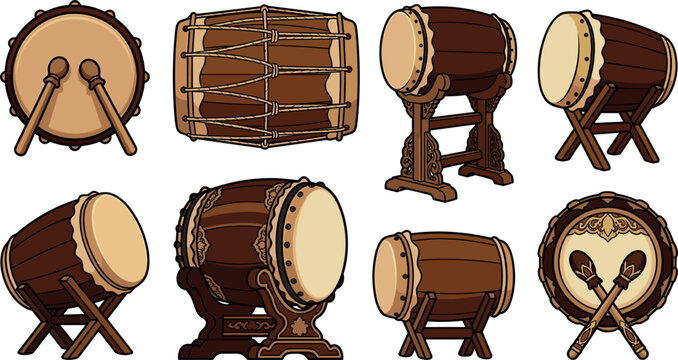 Traditional Indonesian Bedug and Kendang Drum Vector Icon Set with Wooden Percussion Musical Instruments for Ramadan Eid Mubarak and Islamic Cultural Celebrations