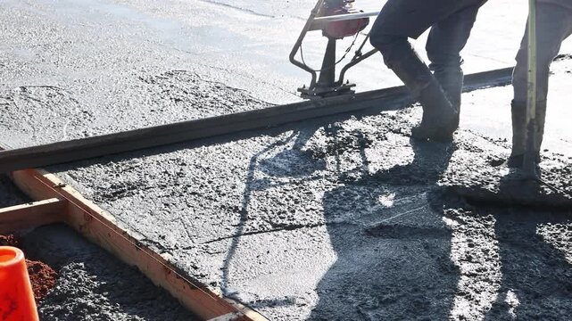 Contractor is smoothing wet concrete beside structure using trowel during construction work activity.