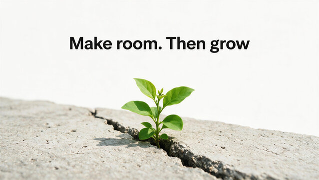 Small plant seedling growing in concrete crack under text quote "Make room. Then grow." Motivational quotes about resilience, strength, and personal growth.