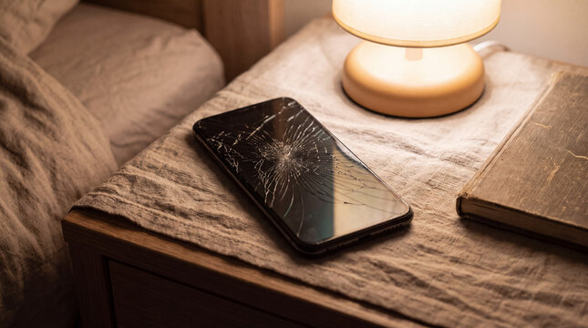 Broken mobile device screen resting on a nightstand with a lamp and book, showing damage and repair needs