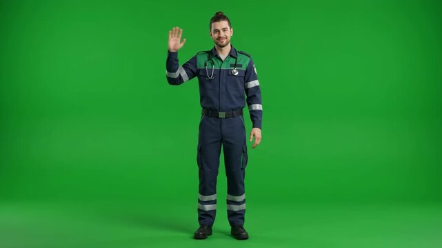 Young male paramedic in uniform waving hand, smiling, and looking at the camera on a green screen background.