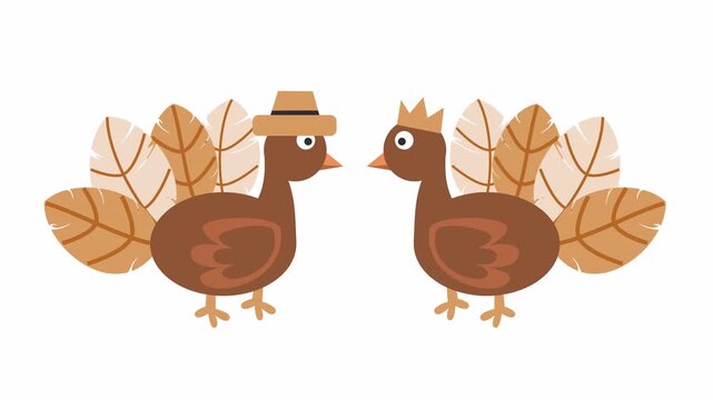 Thanksgiving turkey bird couple cartoon character animation with pilgrim hat and crown icon isolated on an alpha channel for autumn holiday symbol.