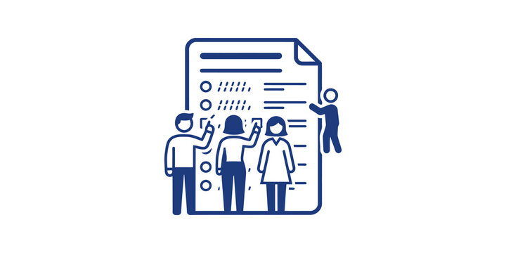 Office team checking tasks flat icon in blue for business project status.