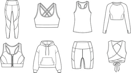Naklejka premium Technical fashion sketches of modern activewear garments including leggings, sports bras, tops, and hoodies