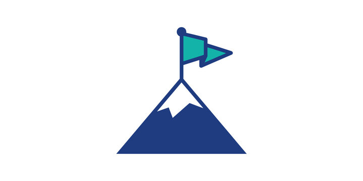 Mountain peak with blue and teal flag representing achievement success.