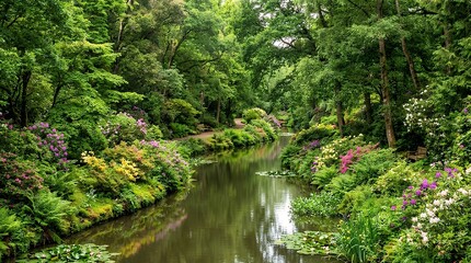Fototapeta premium Lush Green Vegetation And Dense Trees Along Riverbanks Flowering Near Quiet Waterway In Botanical Gardens riverbank lush vegetation botanical garden green trees quiet river natural landscape river