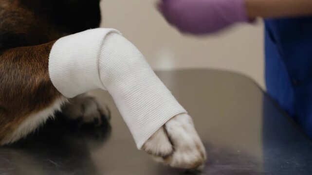 Dog paw wrapped in a white bandage on a veterinary table. Close-up of injured pet receiving medical treatment. Veterinary care concept