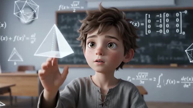 Young boy studying in classroom surrounded by floating mathematics formulas and glowing geometric shapes, conceptual illustration of learning and education