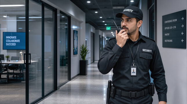 Uniformed security guard using walkie-talkie while patrolling modern office corridor. Professional surveillance and facility protection in corporate environment.