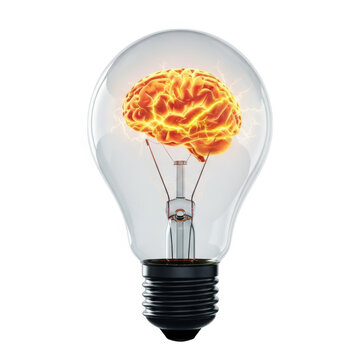 Light bulb with a glowing human brain inside, isolated on transparent background