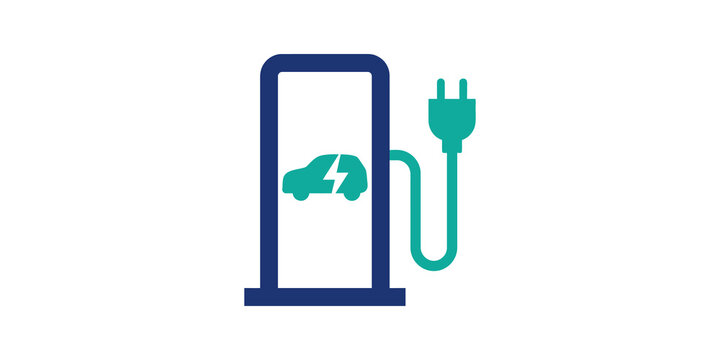 Electric vehicle charging station icon with plug on transparent backdrop.