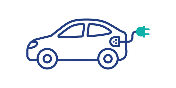 Blue outline electric car icon with teal charging port and plug.