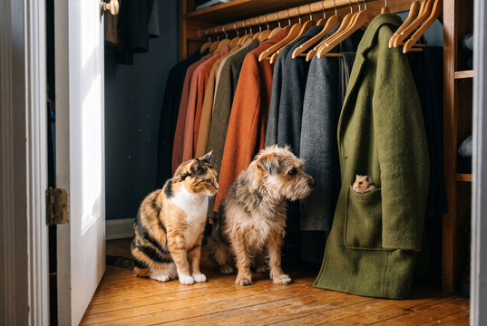 Cat and dog looking at a hamster hiding in a coat pocket. Curious pets discovering a small rodent in a closet