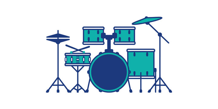 Acoustic drum set musical instrument icon in blue and teal coloring.